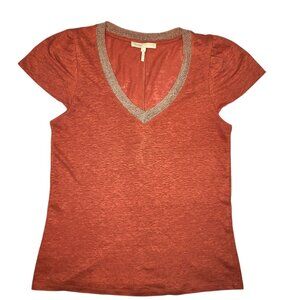 100% Linen Maje Orange Metallic Trim V-Neck Top Sz Small Casual Chic Minimalist